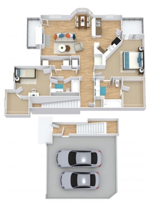 A floor plan of a house with two bedrooms, a living room, a kitchen, and a garage.